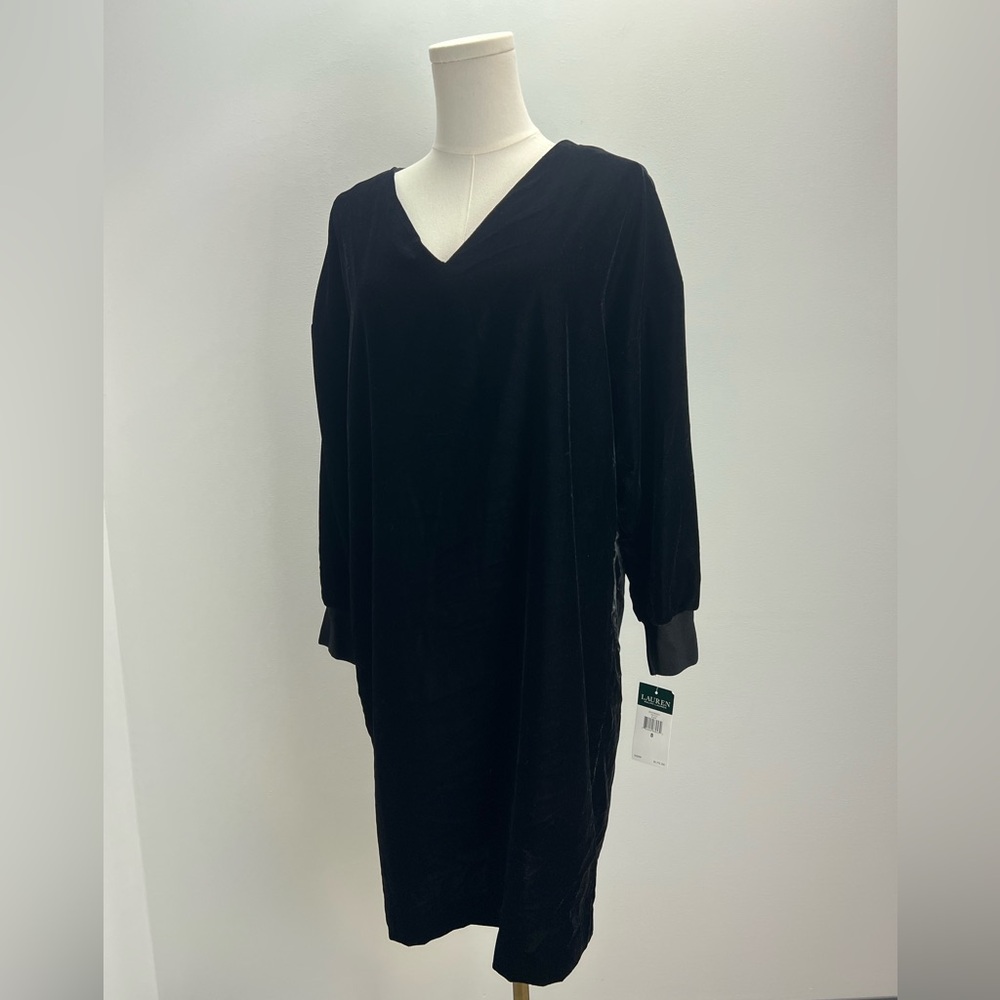 Lauren Ralph Lauren Black Velvet Midi Sheath Dress Long Sleeve Womens 8 New